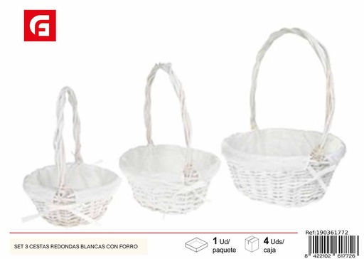 [190361772] Set de 3 cestas redondas blancas con forro - Cestas decorativas y funcionales