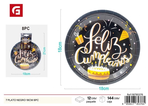 [118785376] Platos negros de cumpleaños felices en español de 7 pulgadas 8 piezas 18 cm - Accesorios de fiesta