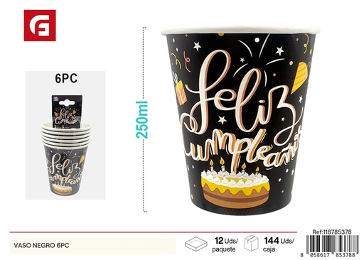 [118785378] Vasos negros de feliz cumpleaños en español 6 piezas 9 Oz - Accesorios de fiesta
