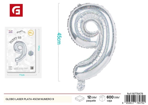 [118778479] Globo láser plata número 9 45 cm 27 pulgadas - Decoración de fiesta