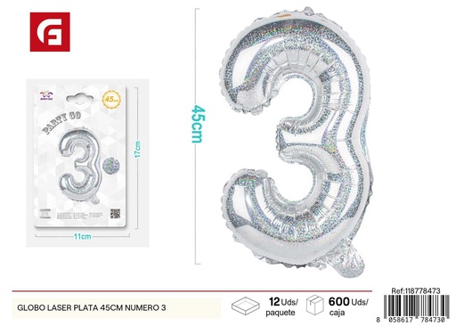 [118778473] Globo láser plata número 3 45 cm 21 pulgadas - Decoración de fiesta