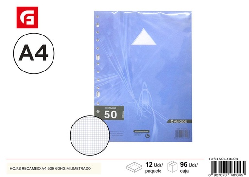 [150148104] Hojas de recambio A4 de 50H 60g milimetradas - Material escolar y papelería de oficina