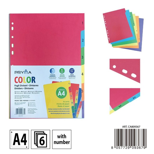 [0238246] Separadores de archivos A4 en colores brillantes 6 números - Papelería escolar