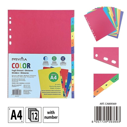 [0238248] Separadores de archivos A4 en color con 12 números - Organizador de documentos