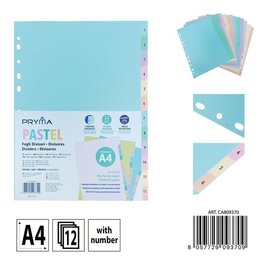 [0238249] Separadores de archivos A4 color pastel con 12 números - Organizador de documentos