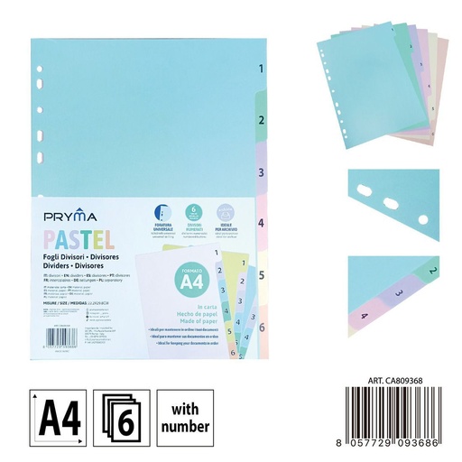 [0238247] Separadores de archivos A4 color pastel 6 números - Papelería escolar