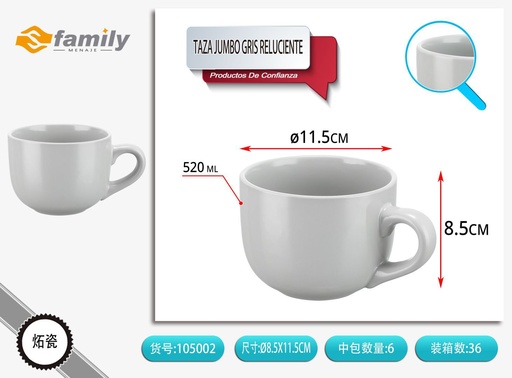 [105002] Taza jumbo gris reluciente 520 ml - Cerámica y vajillas