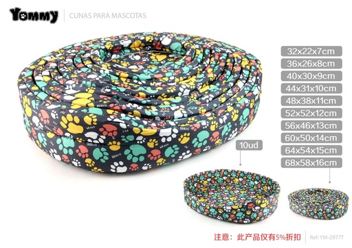 [YM2977T] Cuna de perro de poliéster con huellitas multicolor en 10 piezas 68x58x16 cm - Accesorios de poliéster