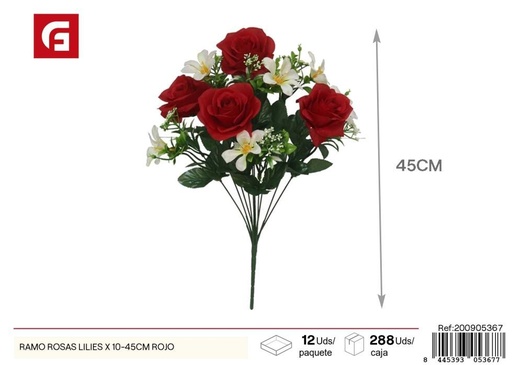 [200905367] Ramo de rosas y lirios 10 piezas 45 cm rojo - Flores artificiales decorativas