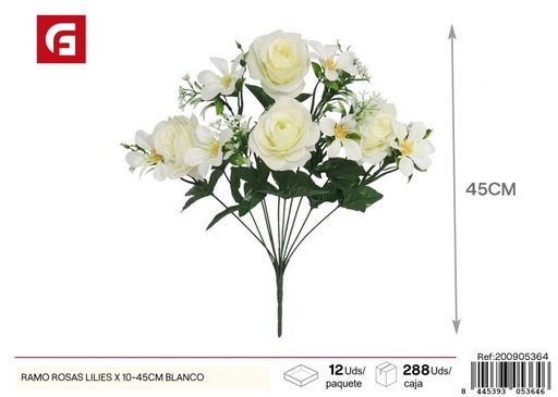[200905364] Ramo de rosas y lirios 10 piezas 45 cm blanco - Flores artificiales decorativas