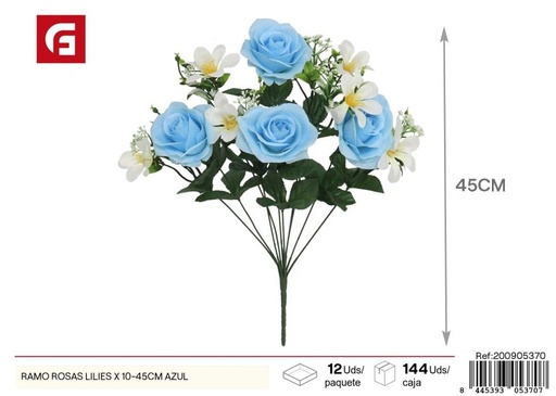[200905370] Ramo de rosas y lirios 10 piezas 45 cm azul - Flores artificiales decorativas