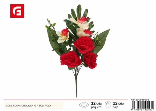 [200989253] Conjunto de Rosas y Orquídeas, 9 unidades - 51 cm, color rojo