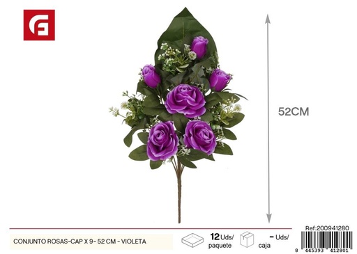 [200941280] Conjunto de Rosas y Capullos, 9 unidades - 52 cm, color violeta