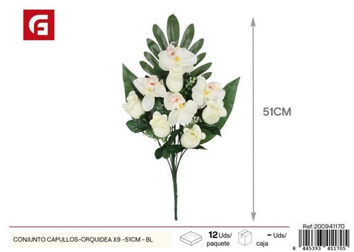 [200941170] Conjunto de Capullos y Orquídeas, 9 unidades - 51 cm, color blanco