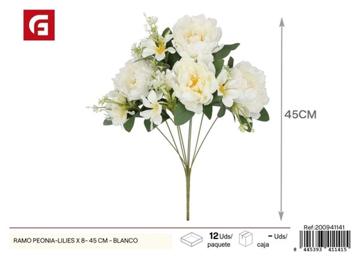 [200941141] Ramo de peonías y lirios (8 ramas, 45 cm) en blanco - Decoraciones florales