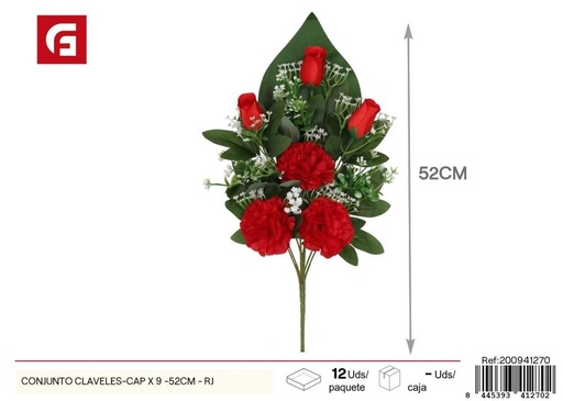 [200941270] Conjunto de claveles y capullos 9 uds - 52 cm - Color rojo - Ramos decorativos de flores artificiales