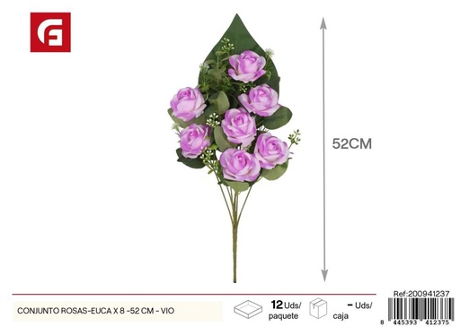 [200941237] Conjunto de rosas y eucalipto x 8 - 52 cm - Violeta, flores artificiales