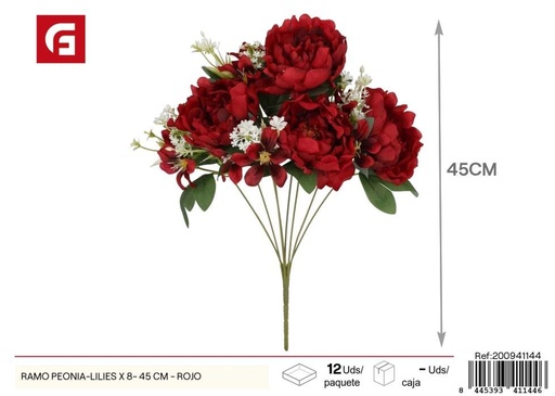 [200941144] Ramo de peonías y lirios x 8 - 45 cm - Rojo, flores artificiales decorativas