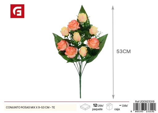 [200923319] Conjunto de rosas mixtas 9 uds - 53 cm - Color té - Ramos decorativos de flores artificiales