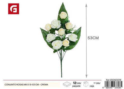 [200923318] Conjunto de rosas mixtas 9 uds - 53 cm - Color crema - Ramos decorativos de flores artificiales