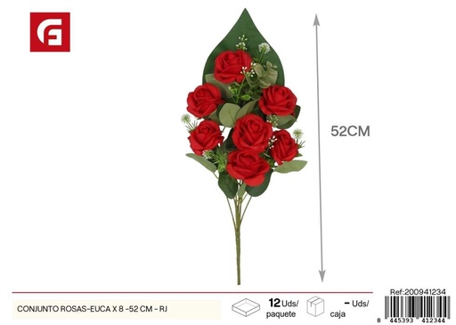 [200941234] Conjunto de rosas-eucalipto 8 piezas 52 cm - Color rojo - Flores artificiales decorativas