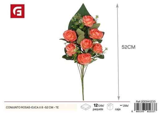 [200941233] Conjunto de rosas-eucalipto 8 piezas 52 cm - Color café - Flores artificiales decorativas