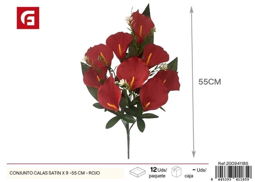[200941185] Conjunto de calas satinadas 9 piezas 55 cm - Color rojo - Flores artificiales decorativas