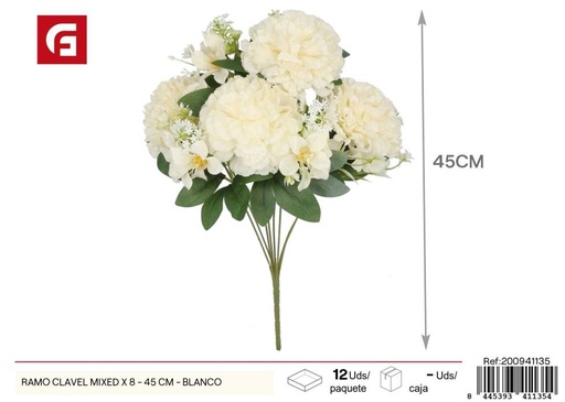 [200941135] Ramo de claveles mezclados x 8 - 45 cm - Blanco, flores artificiales de calidad