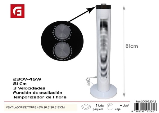 [200922042] Ventilador de torre 45w 26.5*26.5*81cm - Productos de verano