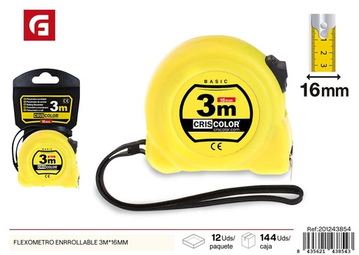[201243854] Flexómetro enrollable 3m x 16mm - Herramienta de medición compacta