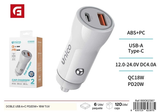 [189062387] Cargador coche USB doble A+C PD20W+18W TUV - Accesorios de carga para coche