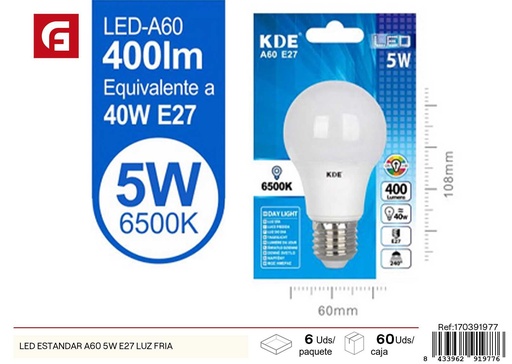 [170391977] Bombilla LED estándar A60 5W E27 luz fría - Iluminación y bombillas LED