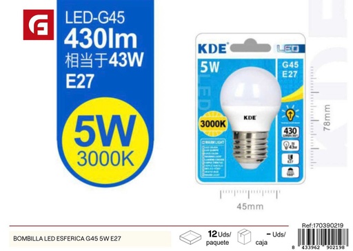 [170390219] Bombilla LED esférica G45 5W E27 - Accesorios de iluminación