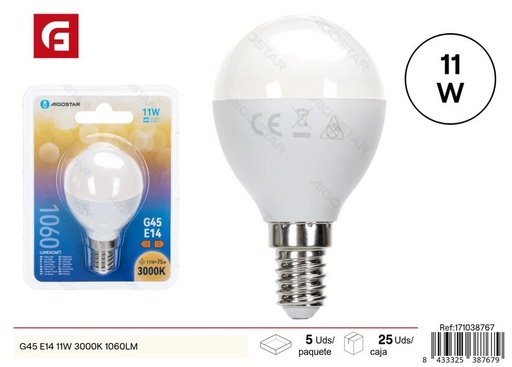 [171038767] Bombilla G45 E14 11W 3000K cálido 1060 lúmenes - Iluminación cálida para el hogar