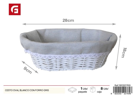 [190321769] Cesto ovalado blanco con forro gris - Cestas de mimbre y decoración