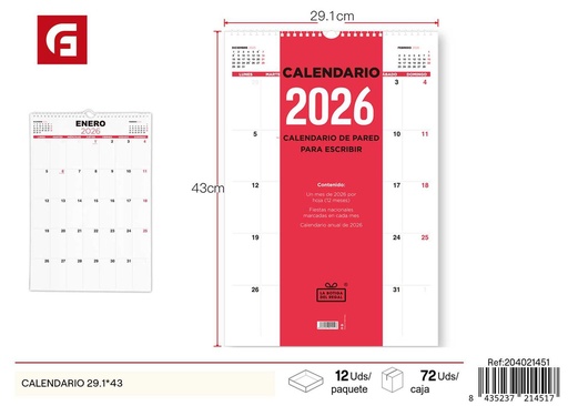 [204021451] Calendario 29.1x43 - Material escolar y agendas