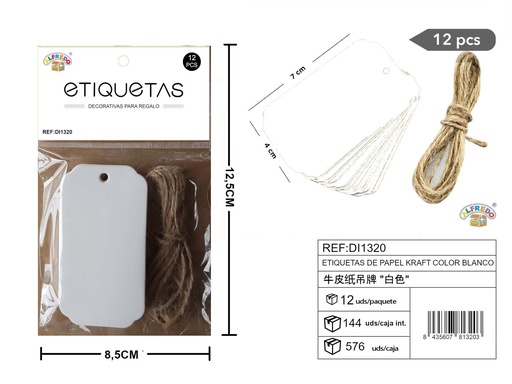 [DI1320] Set de etiquetas de papel Kraft blancas rectangulares 4x7 cm - 12 unidades REF:DI1320