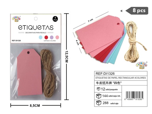 [DI1326] Set de etiquetas de papel rectangulares de 4 colores 4x7 cm - 8 unidades REF:DI1326