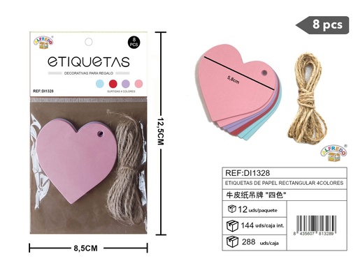 [DI1328] Set de etiquetas de papel con forma de corazón de 4 colores 5,8 cm - 8 unidades REF:DI1328