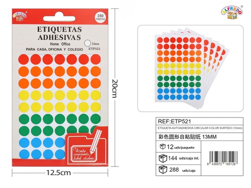 [ETP521] Etiqueta autoadhesiva circular color surtido (13 mm) 12,5x20 cm