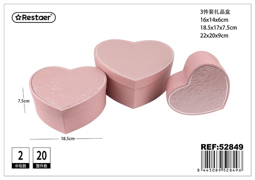[52849] Set de 3 cajas de regalo en forma de corazón rosas 22x20x9 cm 