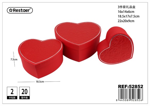 [52852] Set de 3 cajas de regalo en forma de corazón rojas 22x20x9 cm 
