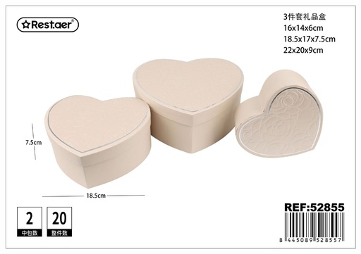 [52855] Set de 3 cajas en forma de corazón de regalo en color champán 22x20x9 cm - Almacenamiento de regalos