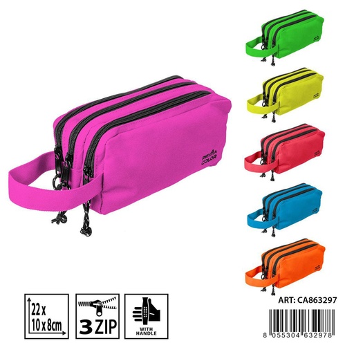 [0234943] Funda de lápices 3 zip con asa 22x10x8 cm flúor - Accesorios escolares