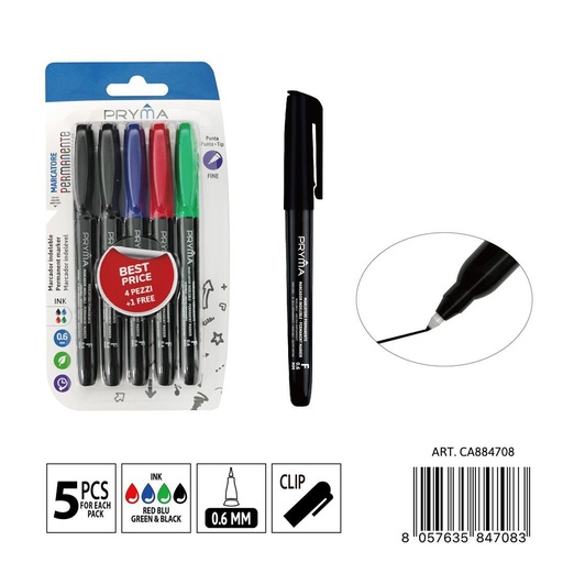 [0235660] Marcador permanente punta F 0.6 mm 5 uds multicolor - Herramientas de escritura y marcadores permanentes