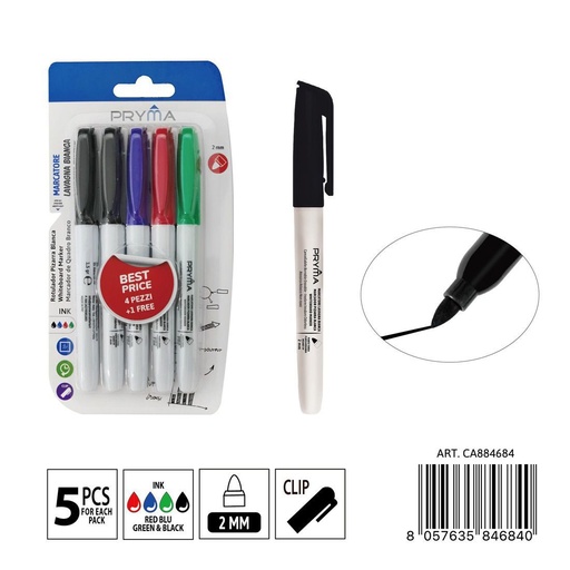 [0235636] Marcador pizarra blanca p/redonda 2 mm multicolor 5 unidades - Herramientas de escritura