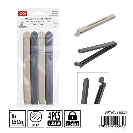 [0239267] Pinzas cierra bolsas 4pz 16x1.5x1.3cm - Accesorios de cocina y almacenamiento