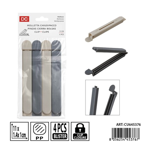 [0239268] Pinzas cierra bolsas 4pz 11x1.4x1cm - Accesorios de cocina y almacenamiento