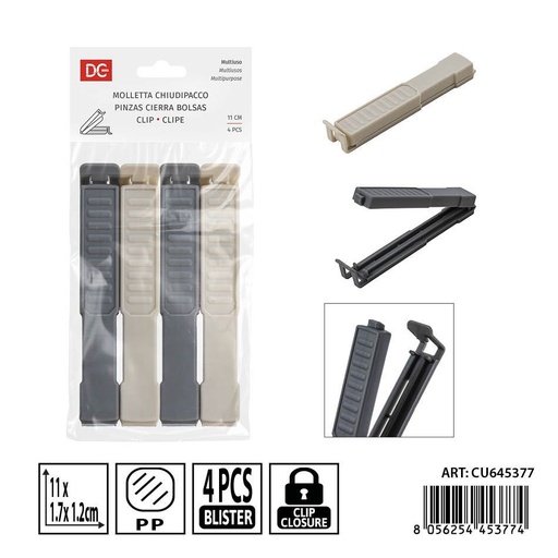 [0239269] Pinzas cierra bolsas 4pz 11x1.7x1.2cm - Accesorios de cocina y almacenamiento