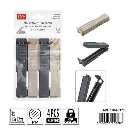 [0239270] Pinzas cierra bolsas 4pz 8x1.5x1.2cm - Accesorios de cocina y almacenamiento